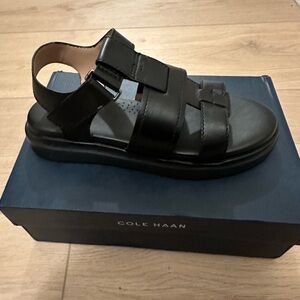 Cole Haan Grand Pro Rally Fisherman Black Leather Sandals with Velcro Closure
